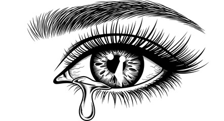 Obraz premium Crying female eye with single tear, long thick eyelashes and eyebrow illustration, emotional sadness art, black and white vector sketch. 