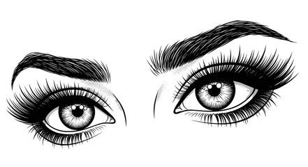 Fototapeta premium Beautiful female eyes with long thick eyelashes and shaped eyebrows, cosmetic beauty salon logo, professional lash extension illustration, fashion makeup. 