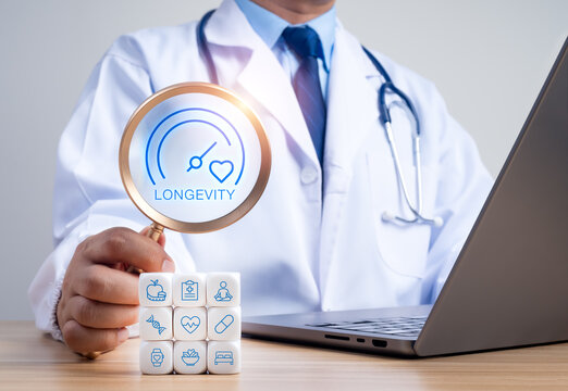Longevity medicine concept with physician promoting healthspan through preventive healthcare, personalized medicine, healthy aging, lifestyle medicine and wellness strategies for lifelong health.