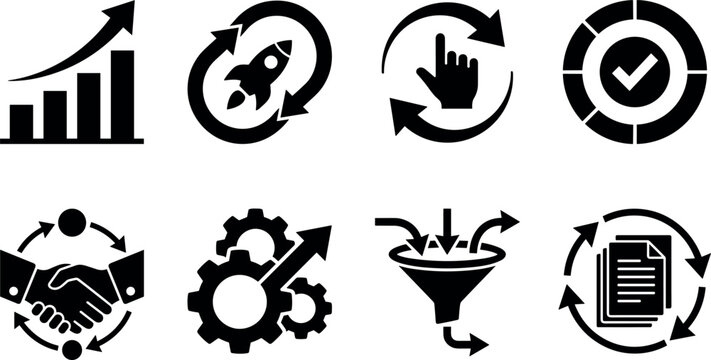 Business startup process optimization sales funnel workflow and corporate growth solid black vector icon set in image_aee577.png