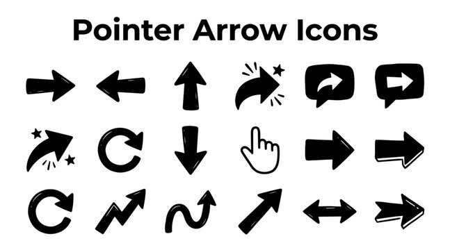 A collection of hand-drawn arrow icons in various styles and directions,.