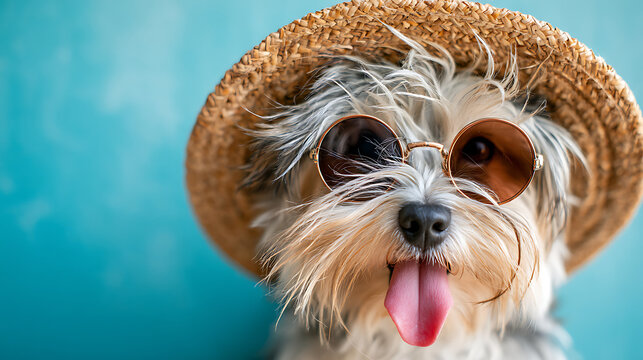 Small dog in oversized sunglasses and a beach hat, tongue out and fur blowing in the breeze, creating a funny summer portrait.