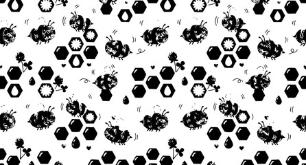 Kawaii bee seamless pattern with honeycomb and flying cartoon bees vector background © MdAriful
