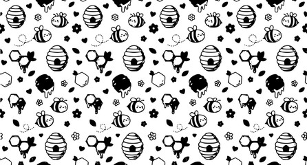 Cute kawaii bee hive seamless pattern vector with flying bees and honeycomb wallpaper © MdAriful