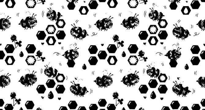 Kawaii bee seamless pattern with honeycomb and flying cartoon bees vector background