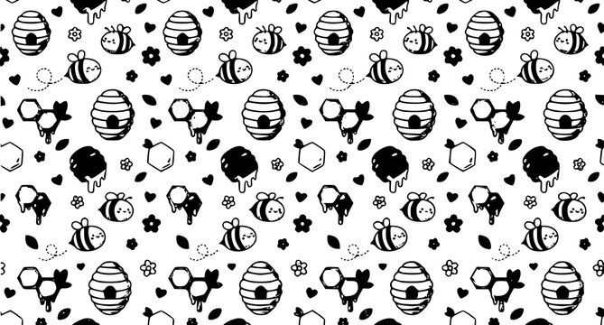 Cute kawaii bee hive seamless pattern vector with flying bees and honeycomb wallpaper