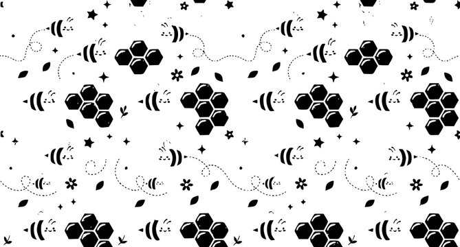 Seamless kawaii bee and honeycomb vector pattern with cute flying bees wallpaper