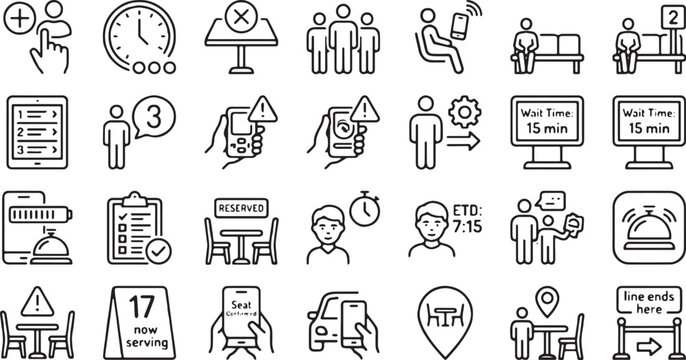 Restaurant Waitlist Tracking and Seating Queue Outline Icon Set