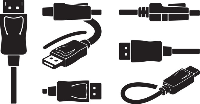 Minimalist Silhouette Icons of Digital Connectivity Cable Hardware