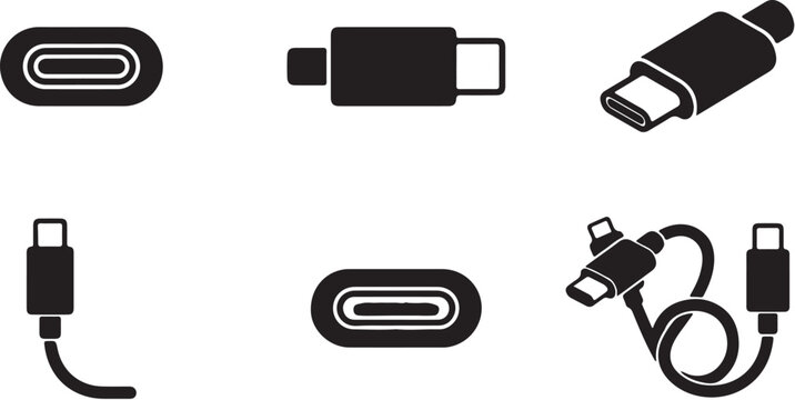 Minimalist USB Type-C connector and cable icon set for tech design