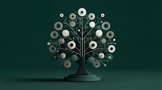 3d abstract geometric tree model made of metallic lines and circular discs on dark green background, nature and technology concept.