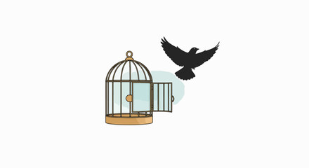 Fototapeta premium Bird flies out of open birdcage achieving freedom outdoors.