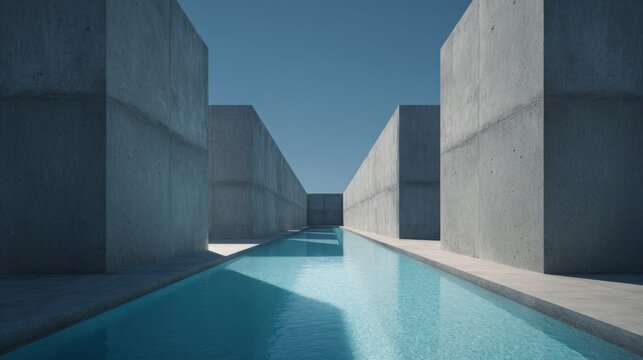 brutalist minimalist concrete swimming pool architecture, long rectangular pool with crystal blue water, massive geometric concrete walls, strong