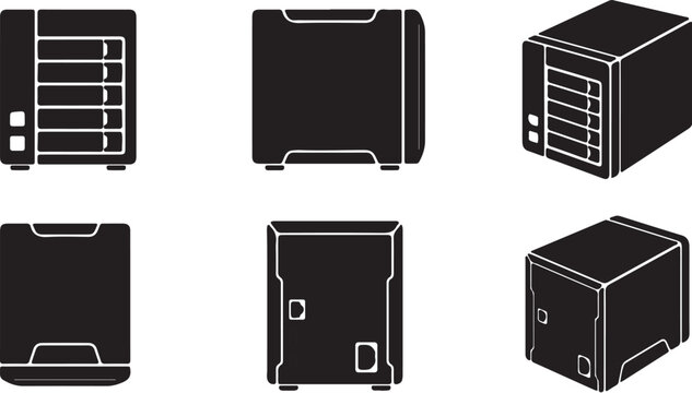 Professional NAS Server Vector Icons Set in Minimalist Black Style