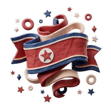 3D North Korea Independence Day celebratory banner with red and blue ribbons and stars transparent background cut out