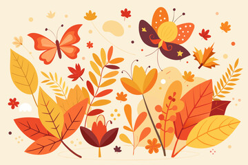 Fototapeta premium Vibrant autumn leaves and butterflies in a whimsical vector illustration with warm orange, yellow, and red hues, featuring delicate flowers and floating petals.