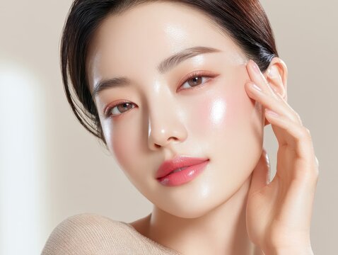 Beautiful young woman with clean glowing skin, professional makeup and dewy complexion. Portrait of a Korean model for skincare, beauty branding, wellness advertising and cosmetic