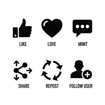 Social media icons with silhouette style symbols for like, love, comment, share, repost and follow silhouette icon like love comment
