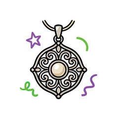Fototapeta premium Ornate silver pearl pendant with swirling patterns and festive confetti celebrating elegance and joy