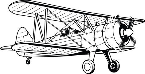 Vintage biplane vector illustration showing classic retro propeller aircraft lineart outline for aviation history and flying design elements © Afroja