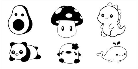 Fototapeta premium Kawaii black and white animal and food stickers