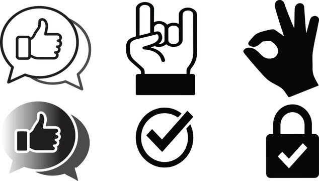 Hand gesture and approval icon set containing thumbs up chat bubble rock on ok sign checkmark and padlock symbols