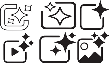 Artificial intelligence magic sparkle icon set with image video generation frames and digital enhancement outline symbol elements © MdAll
