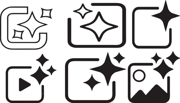 Artificial intelligence magic sparkle icon set with image video generation frames and digital enhancement outline symbol elements
