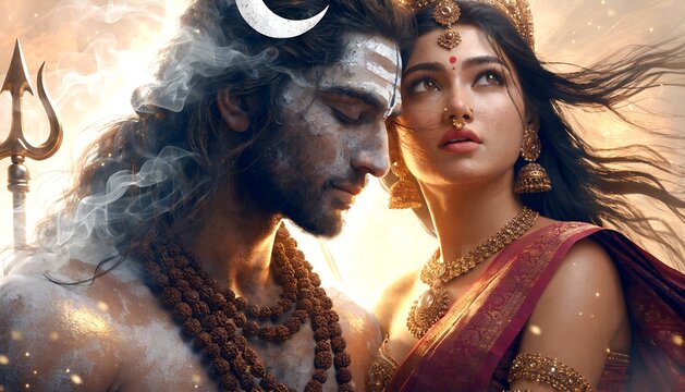 Spiritual Indian Mythology Artwork of Shiva and Parvati in Traditional Attire with Glowing Divine Aura, Sacred Symbolism and Premium Cultural Portrait