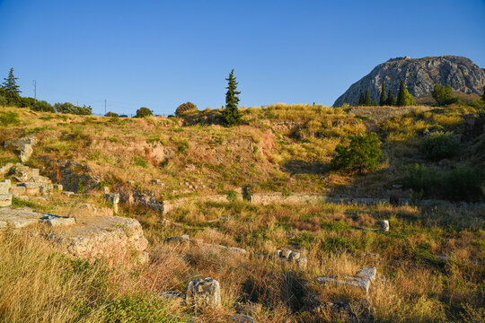 Views of ancient architectural ruins in Old Corinth, Greece