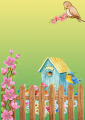 Charming watercolor illustration capturing a serene spring garden with a wooden fence, vibrant blooming flowers, a welcoming birdhouse, and cheerful birds amidst lush greenery, evoking tranquility