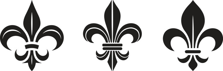 Symbolic Image Fleur De Lis Icon Vector Set Collection Group for Heraldry Royal Emblem Floral Ornament Decorative Badge Vintage French Monarchy Crest Luxury Medieval Classic Elegant Design. © JK Vectors