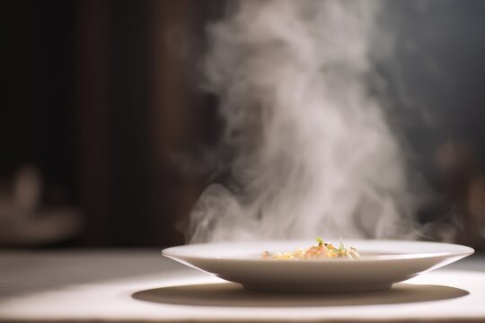 Steaming plate of gourmet food with aromatic steam rising, set on a white table against a blurred dark background