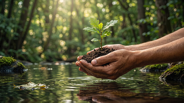 Cupped hands hold a young oak sapling with soil, positioned over a calm forest stream in sunlit woodland, symbolizing environmental care and new growth.