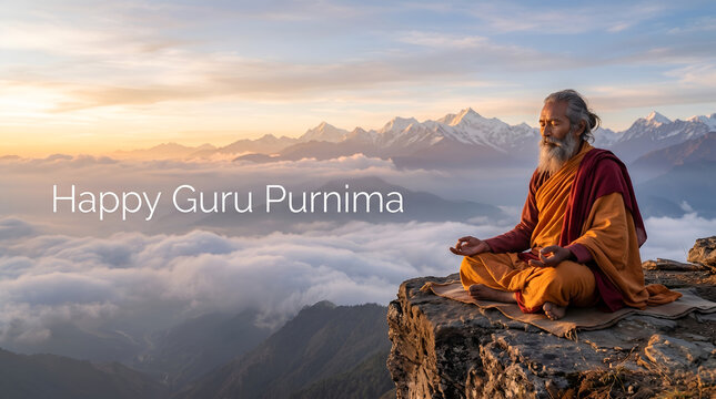 Guru Purnima celebration with a wise guru Blessing amidst colorful flowers, fruits, and an open holy book