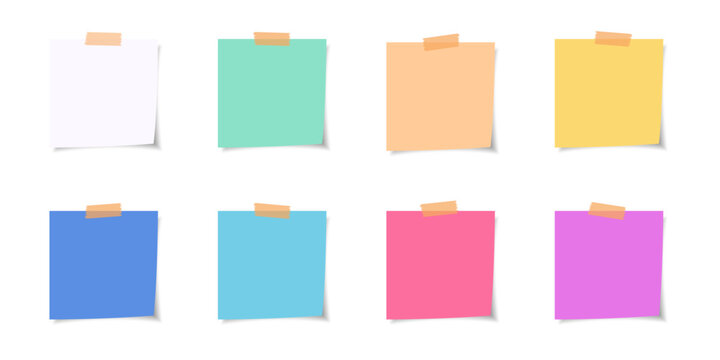 Colorful sticky note with duct tape, post it note paper, memo reminder, Blank Office Reminder. Sticky paper note with clipping path isolated on transparent background. Vector illustration