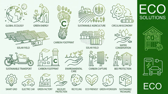 This image displays a collection of line icons covering various eco solutions and sustainable practices for environmental protection.