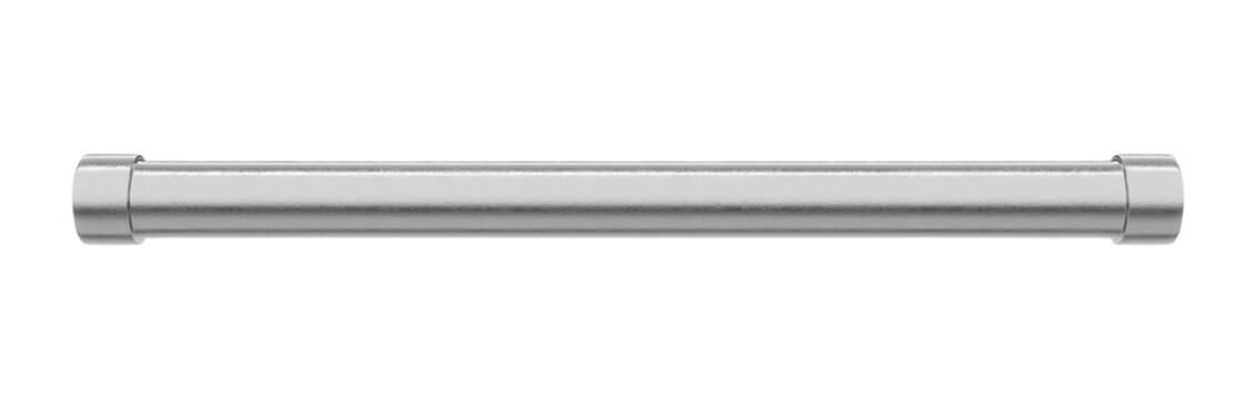 high quality 3d realistic render of an elongated silver galvanized steel pipe with structural flanges rough metallic texture heavy industrial plumbing component for factory engineering visualization