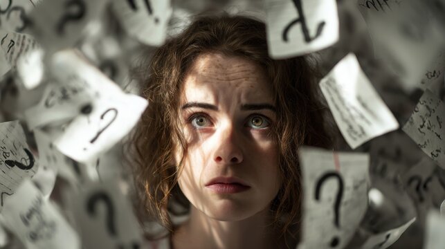 Close up portrait of person surrounded by hundreds of floating handwritten notes and question marks, overthinking and mental overload concept