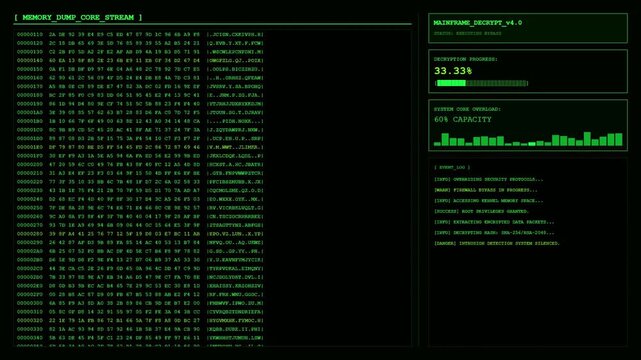 Futuristic green computer terminal hacking code decrypt hud interface.