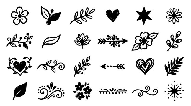 A collection of hand-drawn floral doodle elements, hearts, leaves, and decorative accents in a marker style.
