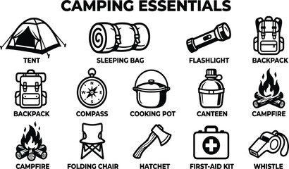Professional camping enthusiast gear vector solid icon set with tent backpack sleeping pad flashlight compass cooking pot and campfire isolated on white background © MstAnjuAra