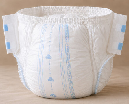 Close view of white disposable baby diaper showing blue wetness indicators, elastic waistband, adhesive side tabs, absorbent core, and soft protective fit, with diaper, infant, baby, disposable detail