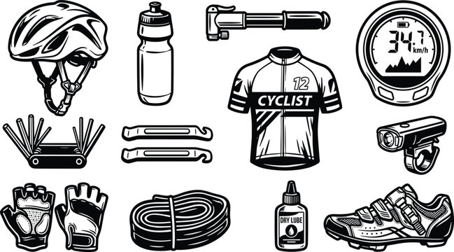 Professional cycling gear and bicycle maintenance equipment vector line art icon set with helmet water bottle jersey odometer multi tool and shoes isolated on white background