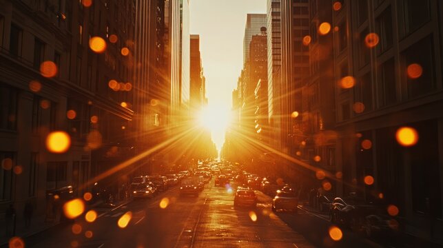 City street with cars and tall buildings at sunset