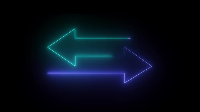 direction right and left arrow icon animation glowing neon pink and blue color road sign information traffic signal moving road side sign symbol on black .4k
