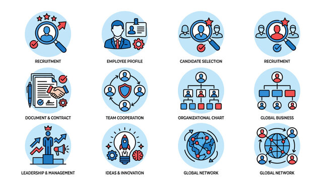 UntitledBusiness Management, Teamwork, Corporate Structure, Strategy, Analytics and Global Collaboration Concept. Modern flat icons in blue and red outline style, representing human resources, workflo