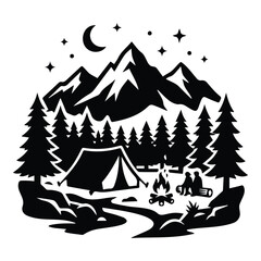 Camping in mountains at night with bonfire tent and forest trees black vector illustration © MdSaddam