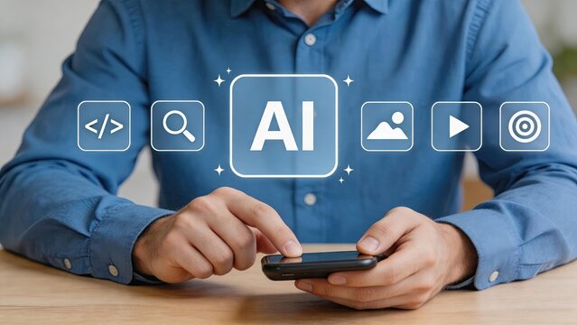 Person holding smartphone with artificial intelligence interface overlay, digital icons for coding search media and target, mobile app development concept