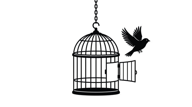 Minimalist vector graphic illustration of a black bird escaping from an open wire metal cage